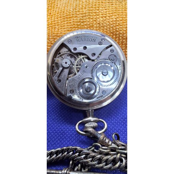 Tacy Watch Co. "MARION" Pocket Watch w/ 15 jewels Swiss Made Size 9s w/ Chain - Picture 4 of 10